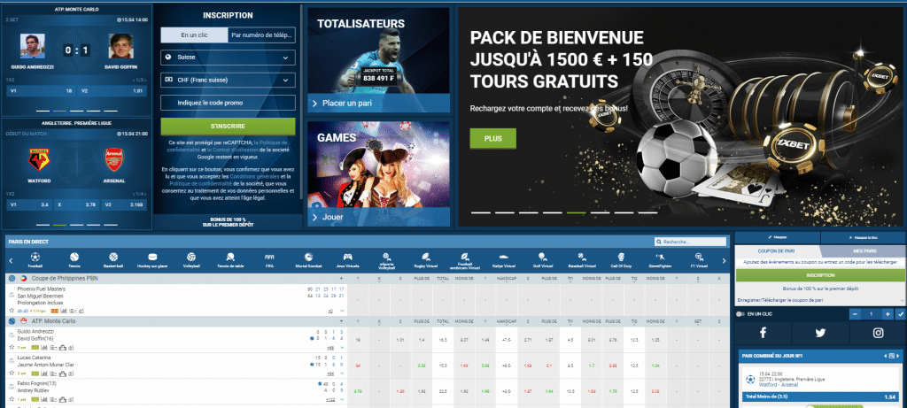 Page d'accueil 1xBet avec les paris sportifs disponibles en Afrique