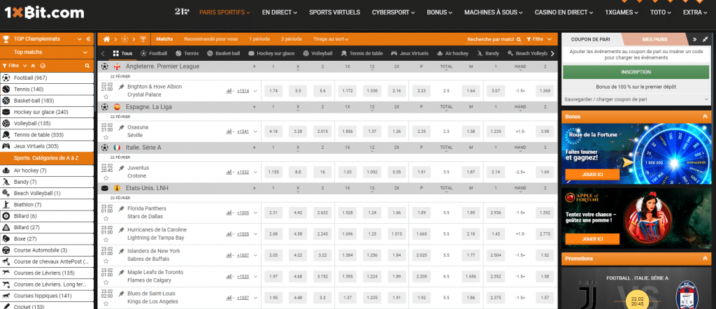 Capture &eacute;cran des cotes paris sportifs 1xBit